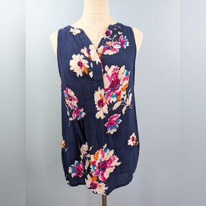 Rose & Thyme Women Blue Floral Sleeveless Blouse Tank Top Large